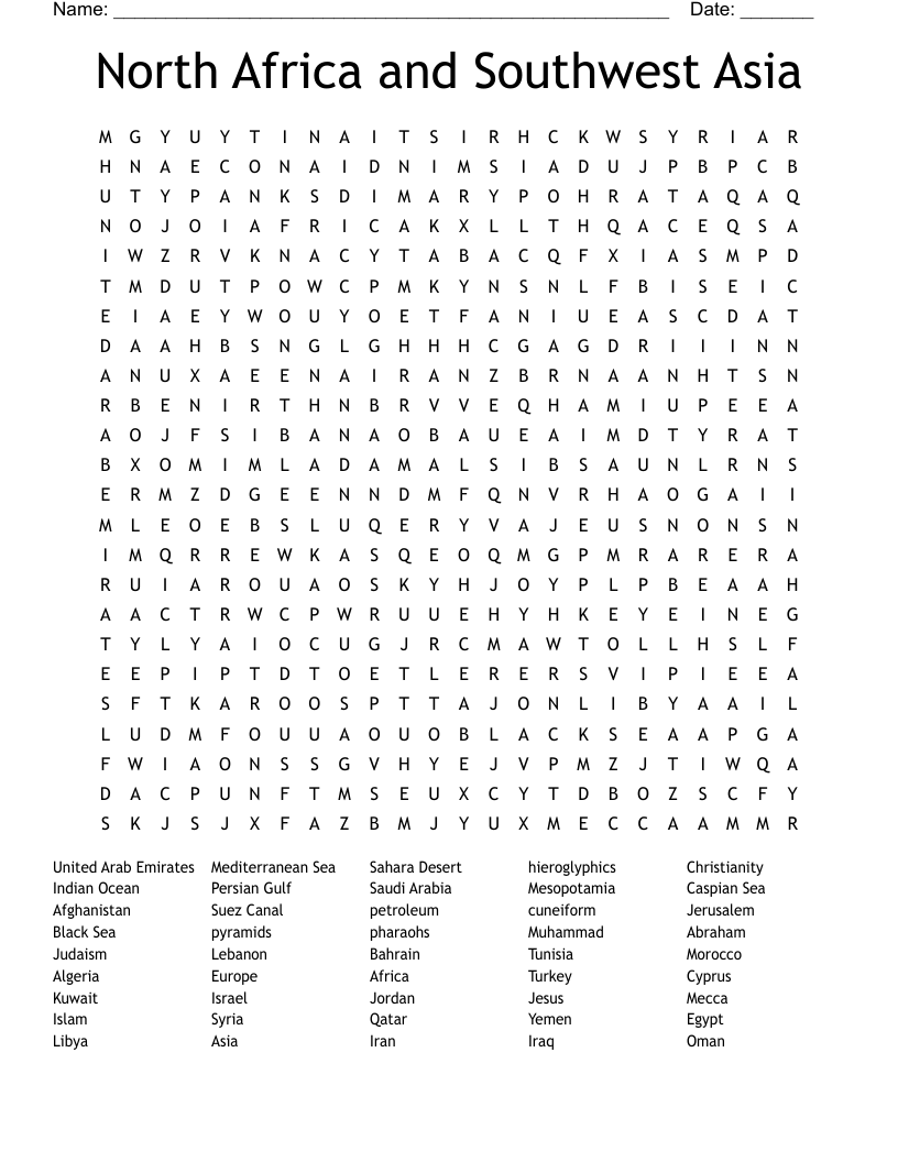 North Africa and Southwest Asia Word Search