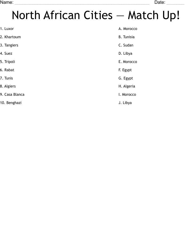 North African Cities — Match Up!  Worksheet