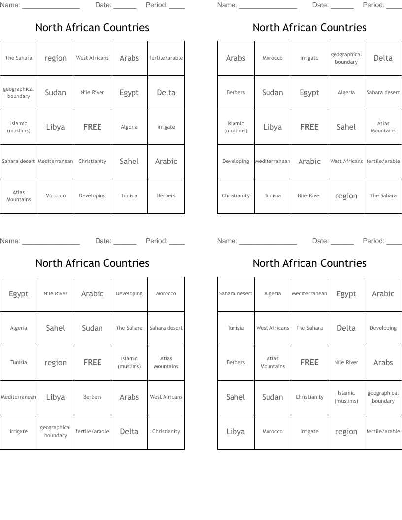 North African Countries Bingo Cards