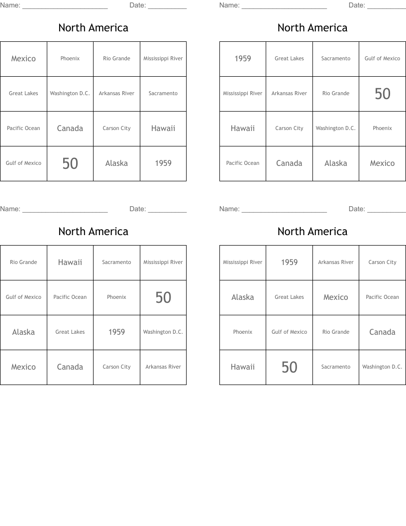 North America Bingo Cards