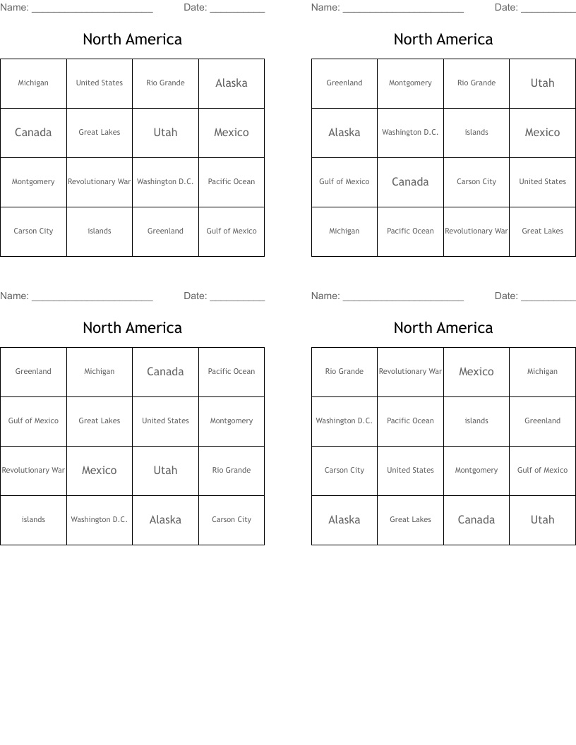 North America Bingo Cards