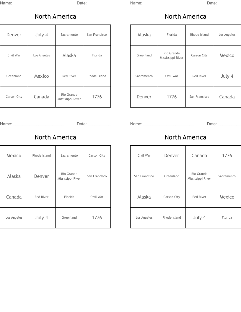 North America Bingo Cards