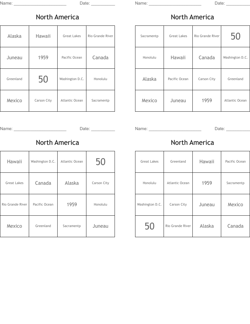 North America Bingo Cards