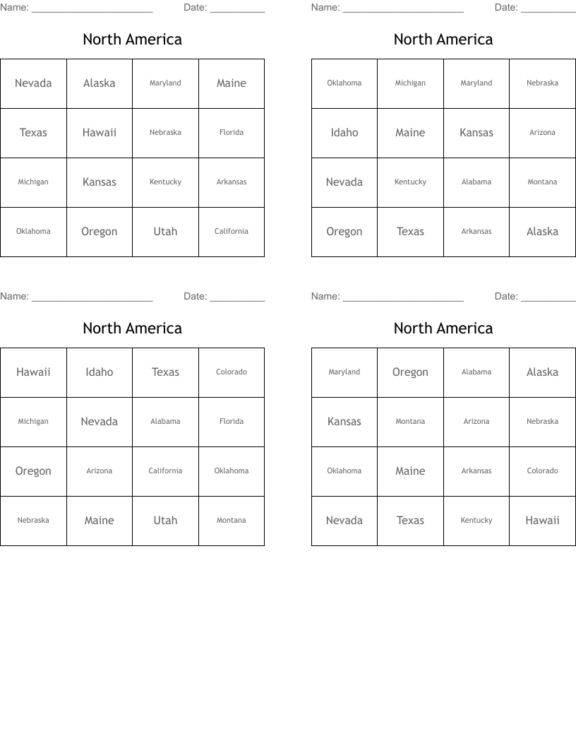 North America Bingo Cards