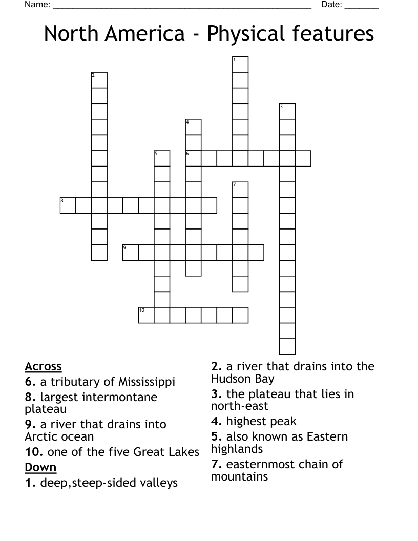 North America - Physical features Crossword