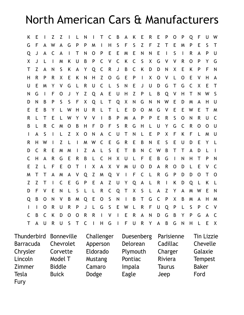 North American Cars & Manufacturers Word Search