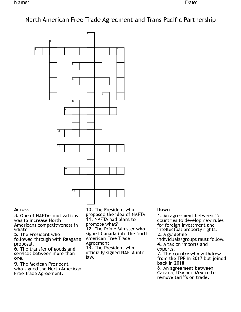 North American Free Trade Agreement and Trans Pacific Partnership Crossword