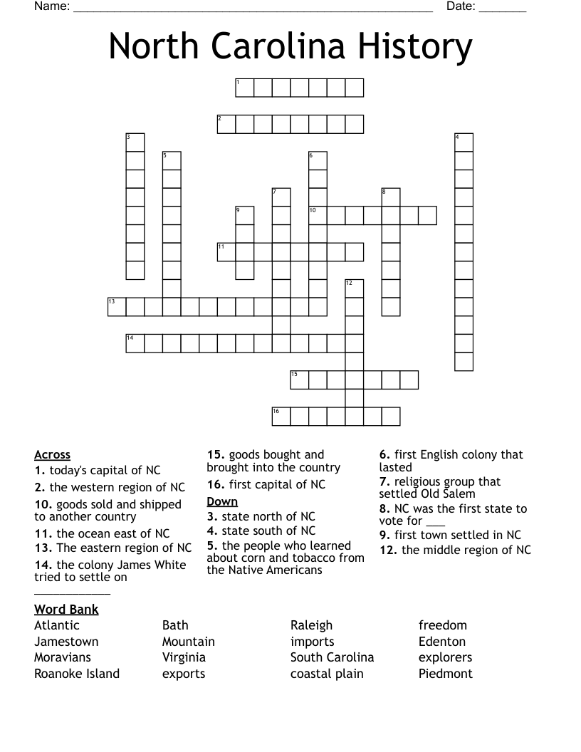 North Carolina History Crossword