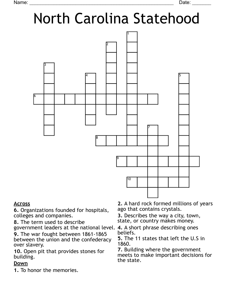 North Carolina Statehood Crossword