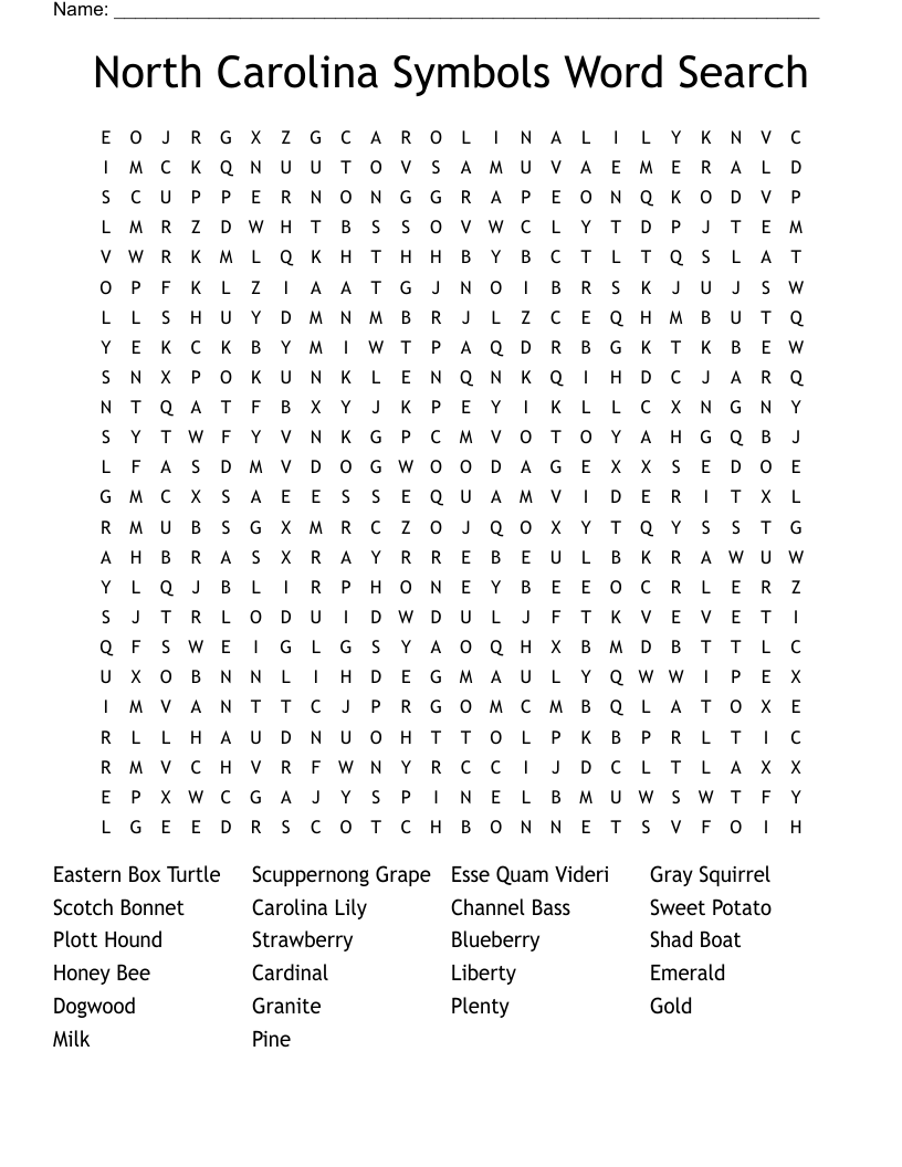 North Carolina Symbols Word Search