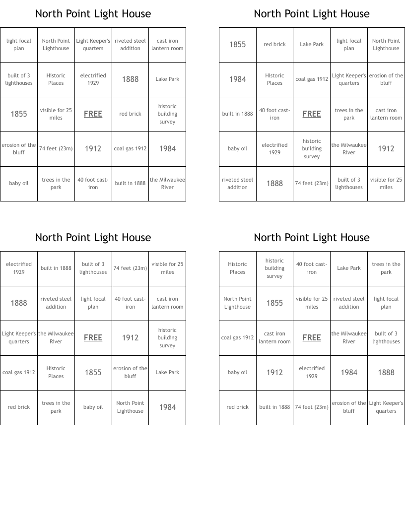 North Point Light House Bingo Cards