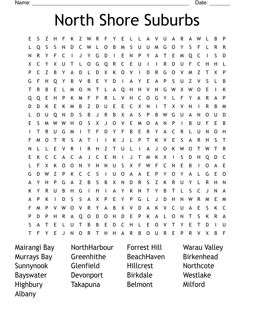 North Shore Suburbs  Word Search