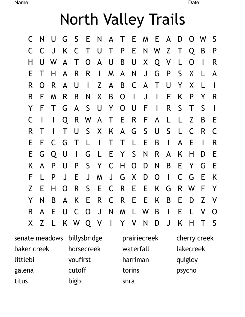 North Valley Trails Word Search