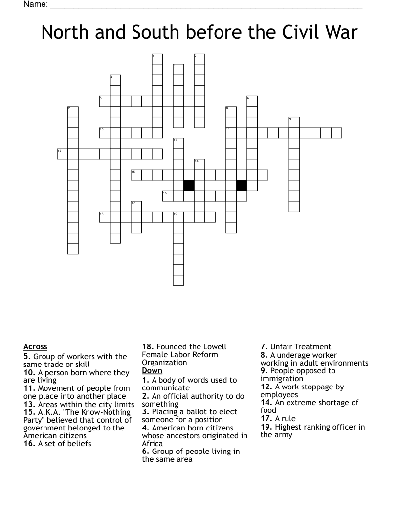 North and South before the Civil War Crossword