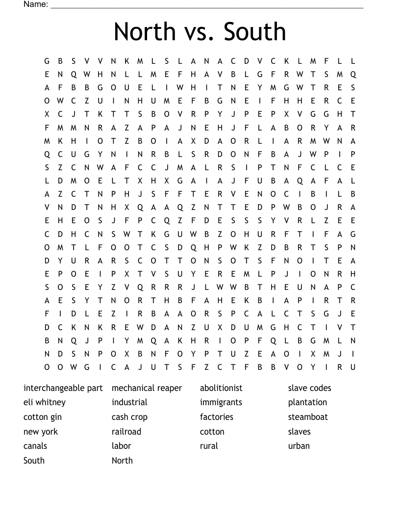 North vs. South Word Search