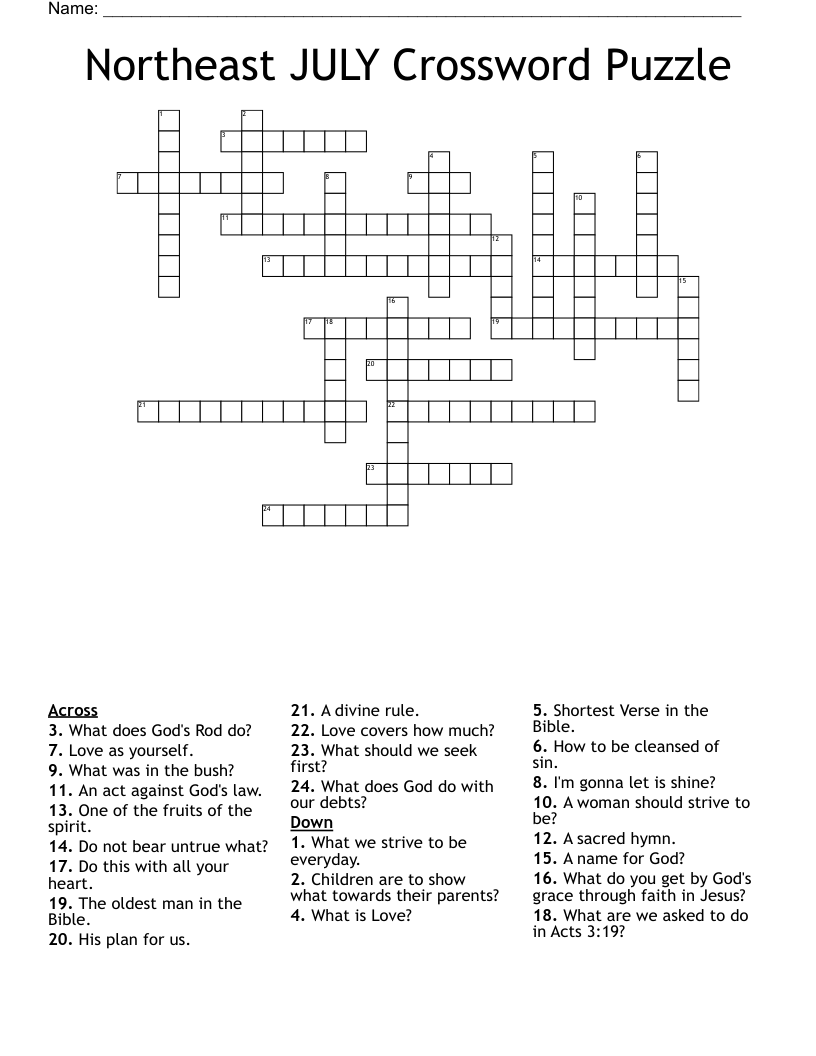 Northeast JULY Crossword Puzzle
