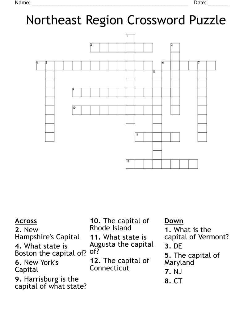 Northeast Region Crossword Puzzle