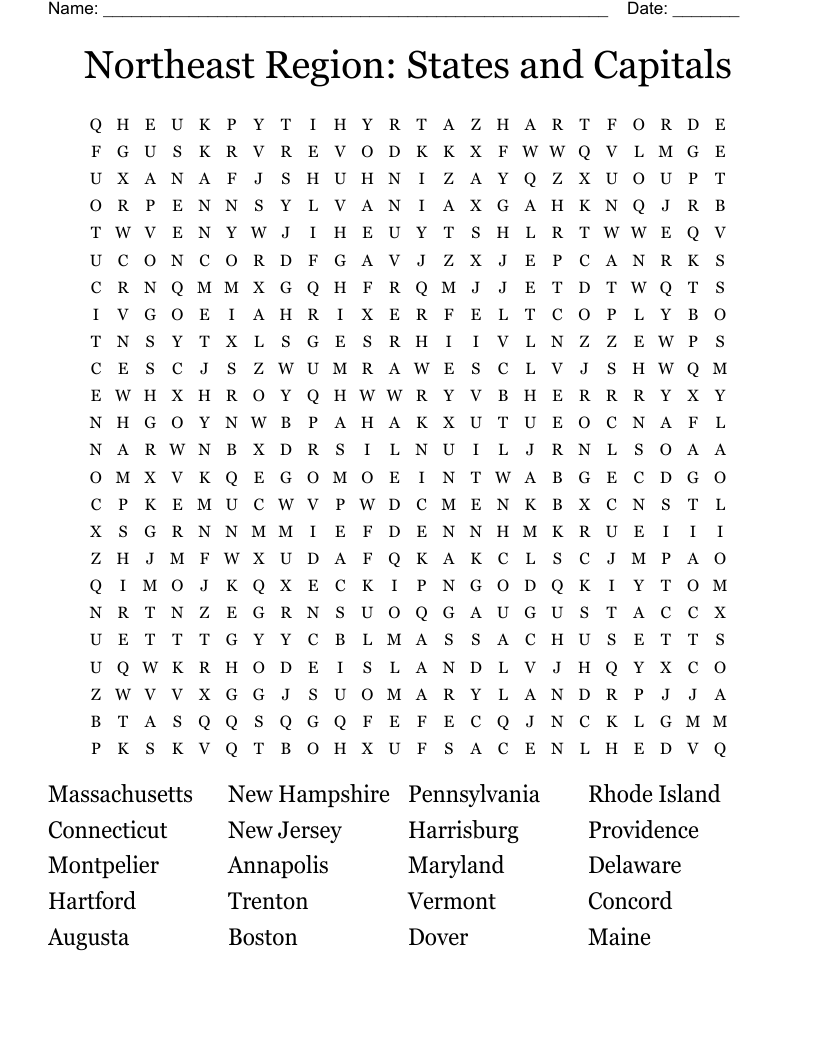 Northeast Region: States and Capitals Word Search