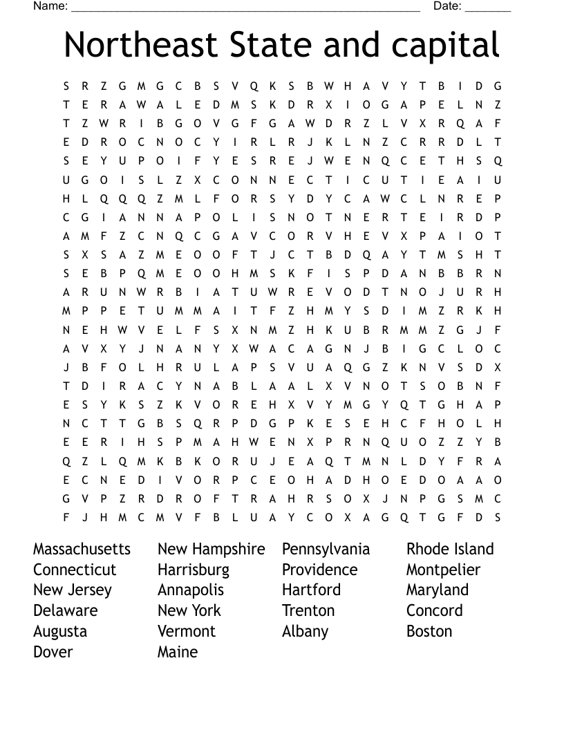 Northeast State and capital  Word Search