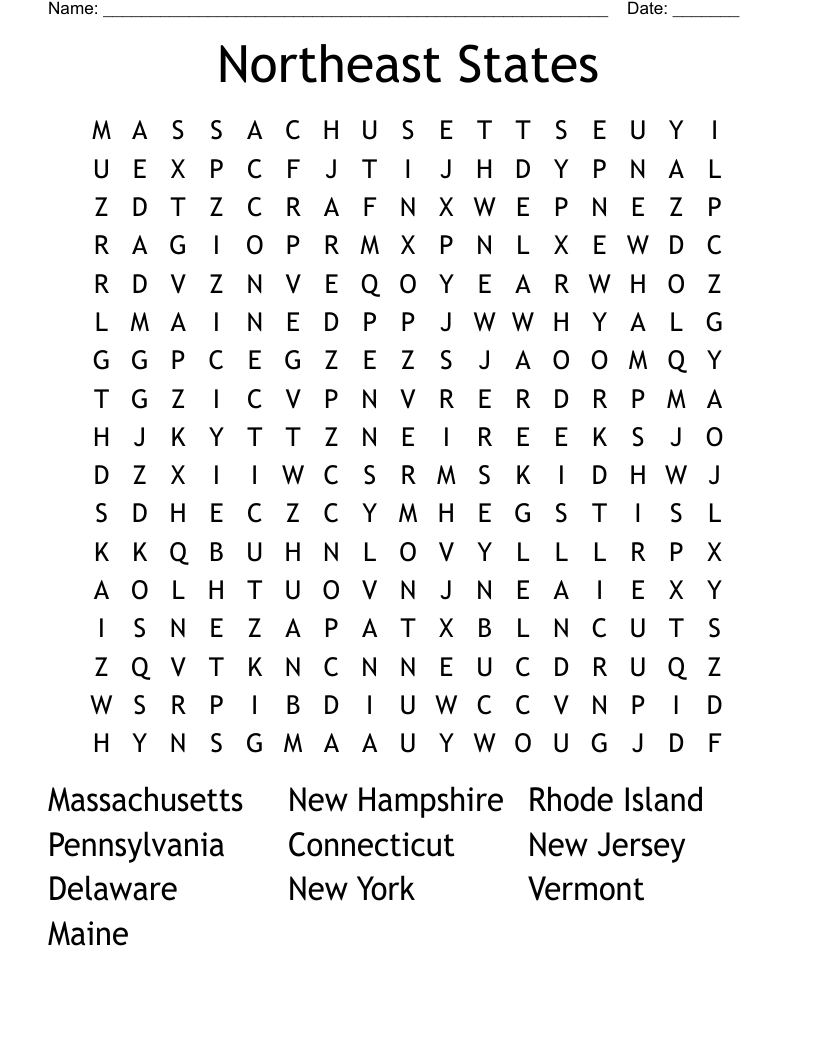 Northeast States Word Search