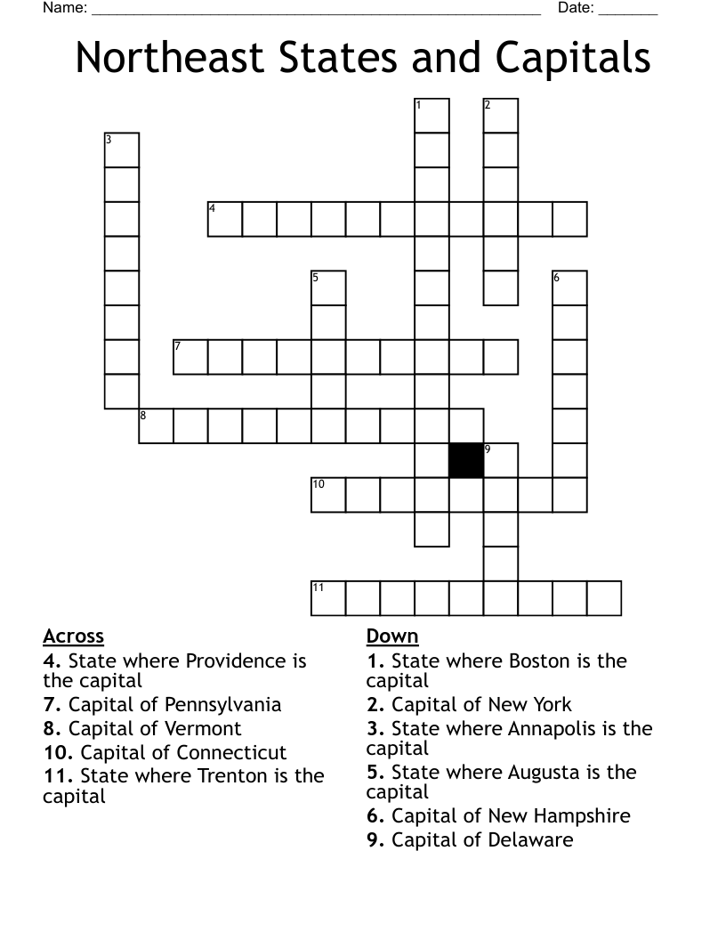 Northeast States and Capitals Crossword