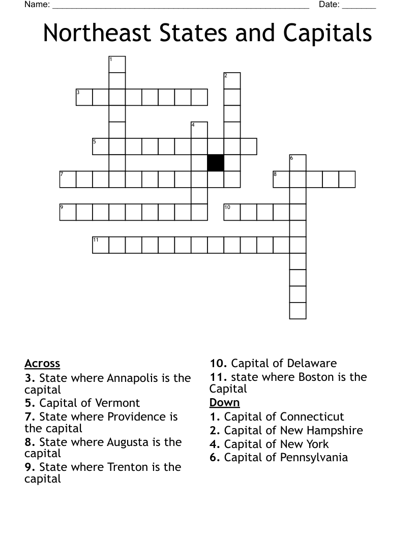 Northeast States and Capitals Crossword