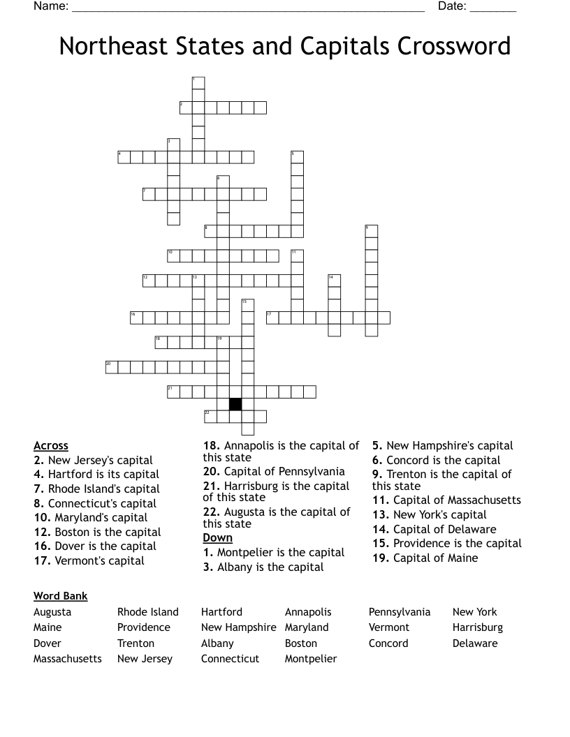 Northeast States and Capitals Crossword
