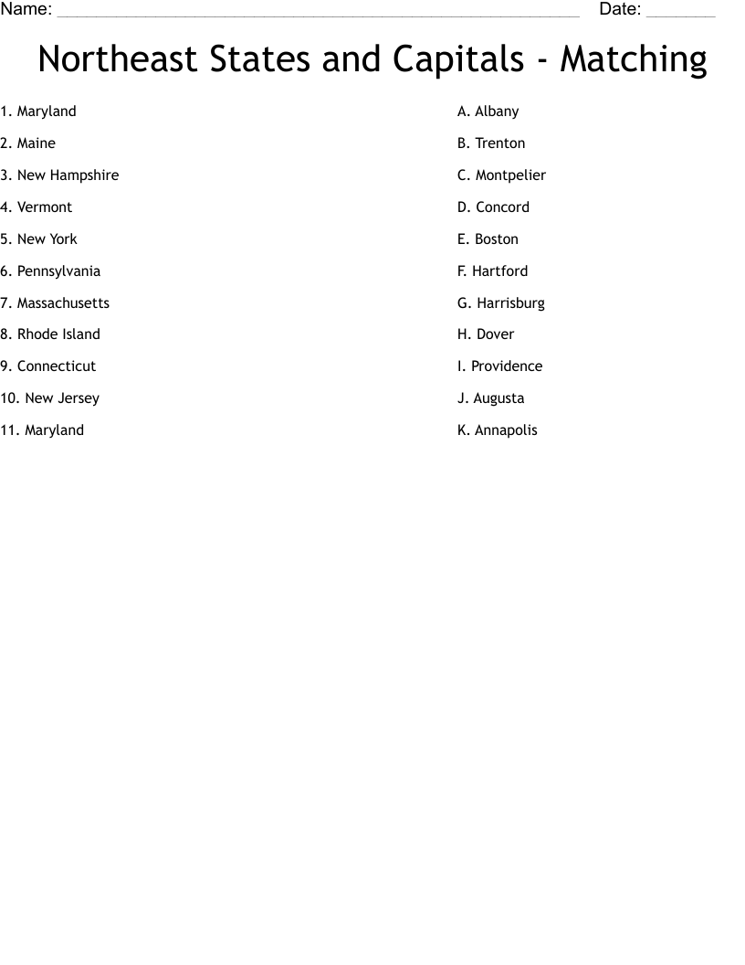 Northeast States and Capitals - Matching Worksheet