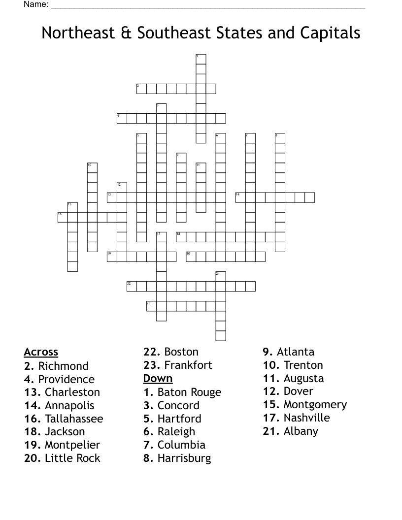 Northeast & Southeast States and Capitals Crossword
