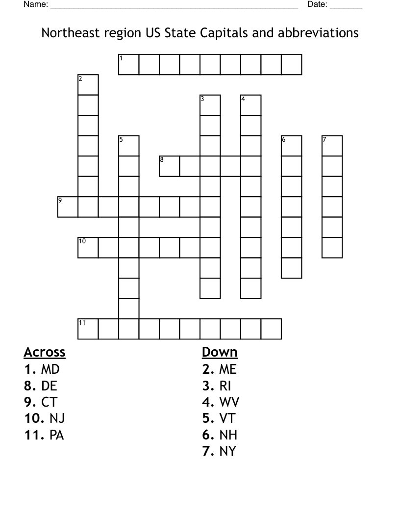 Northeast region US State Capitals and abbreviations Crossword