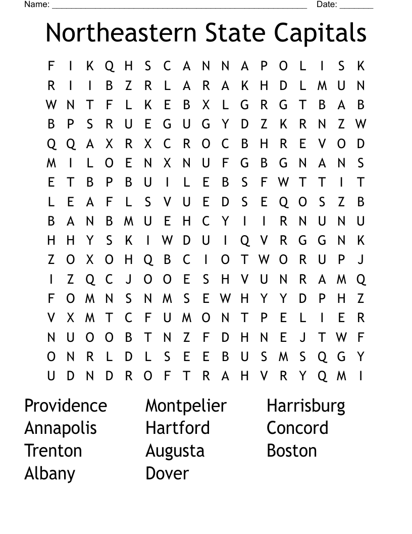 Northeastern State Capitals Word Search