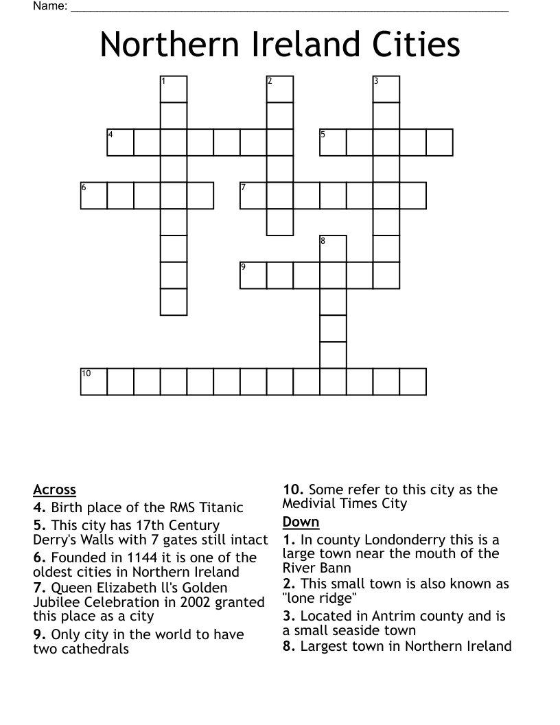 Northern Ireland Cities Crossword