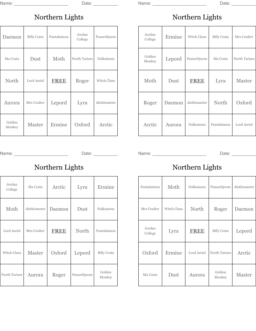 Northern Lights Bingo Cards