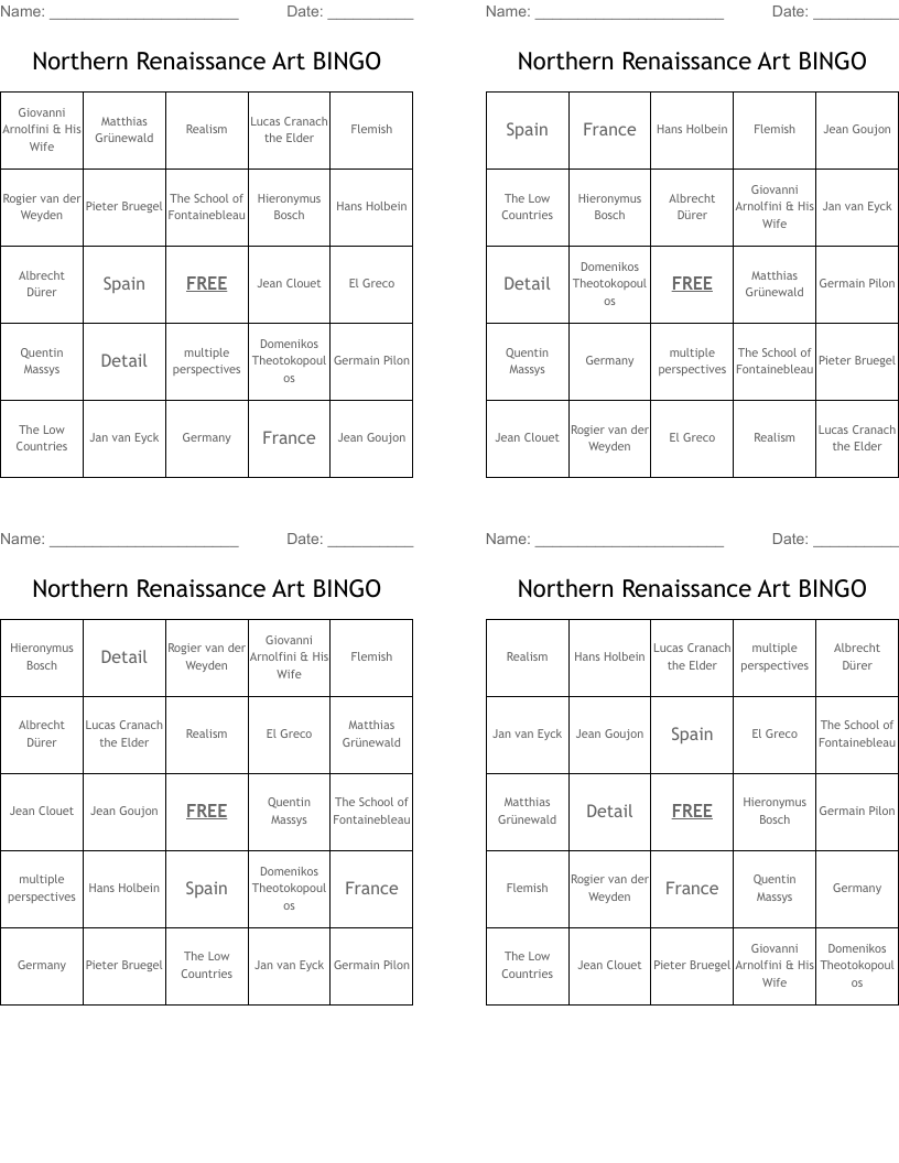 Northern Renaissance Art BINGO