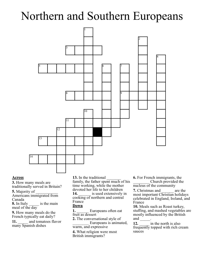 Northern and Southern Europeans Crossword