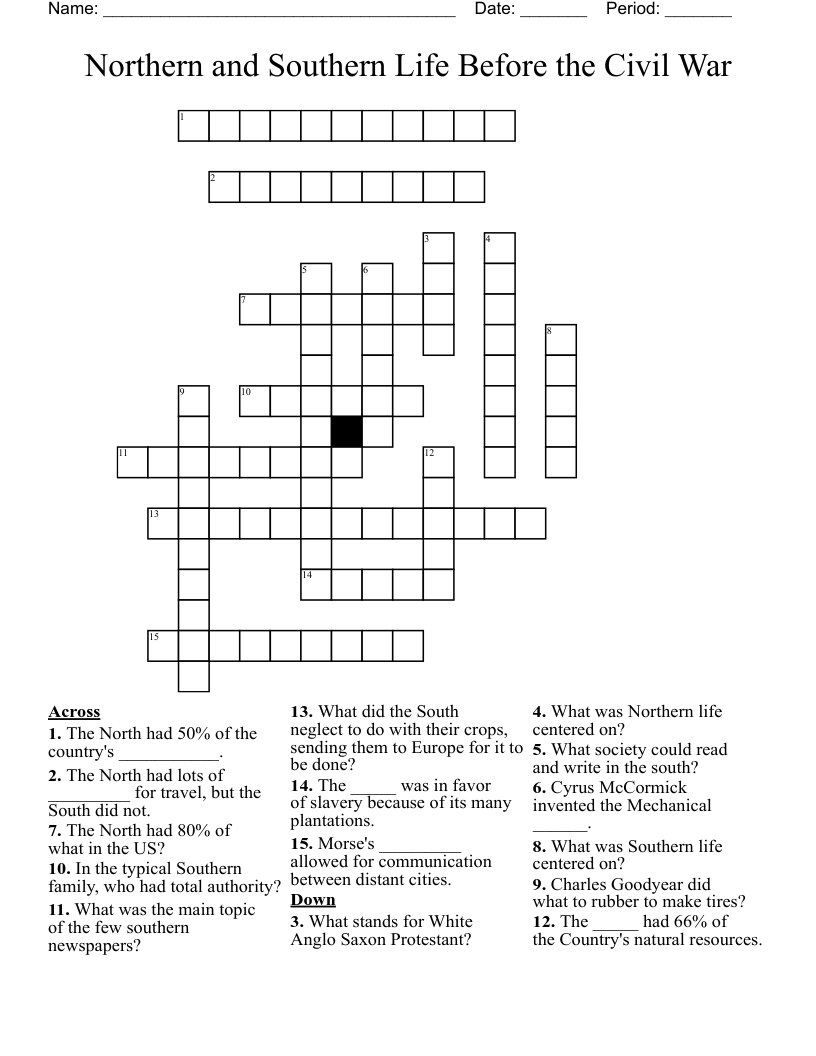 Northern and Southern Life Before the Civil War Crossword