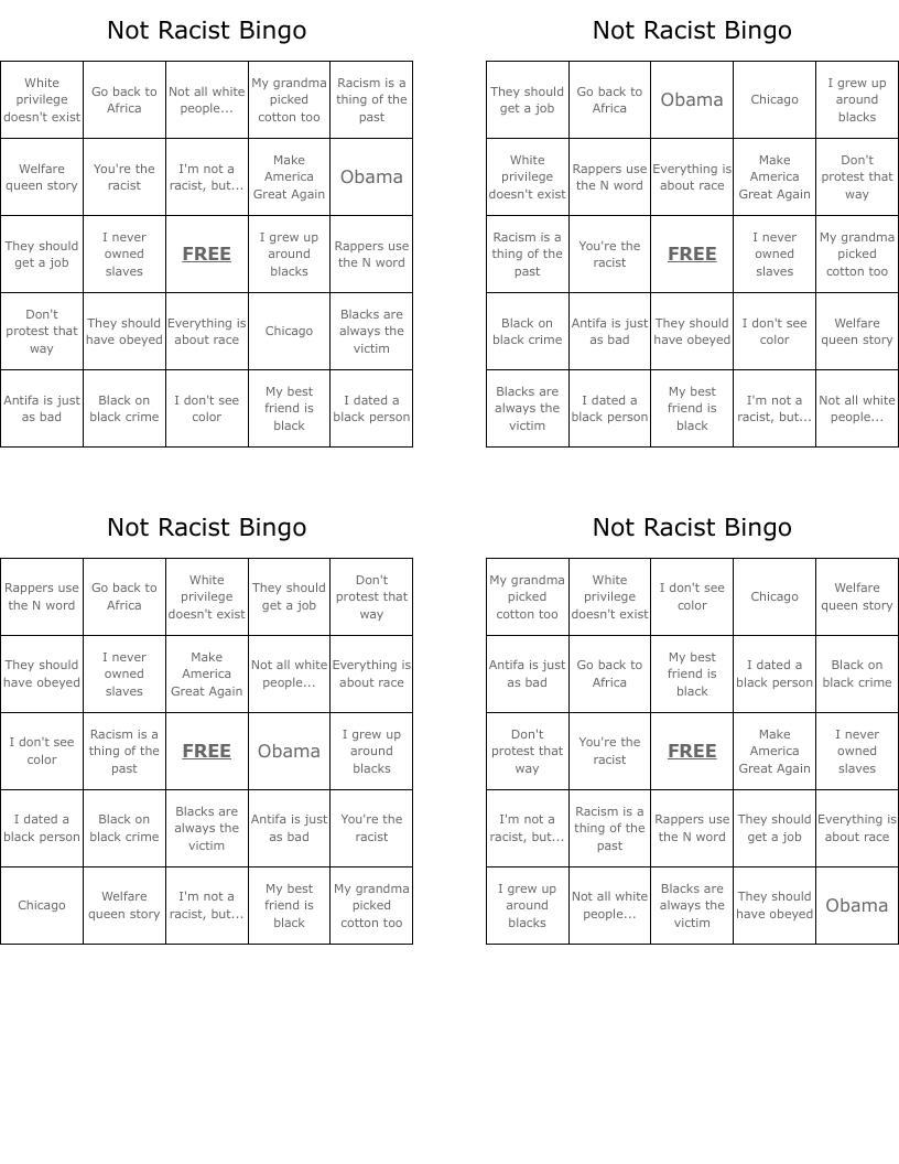 Not Racist Bingo