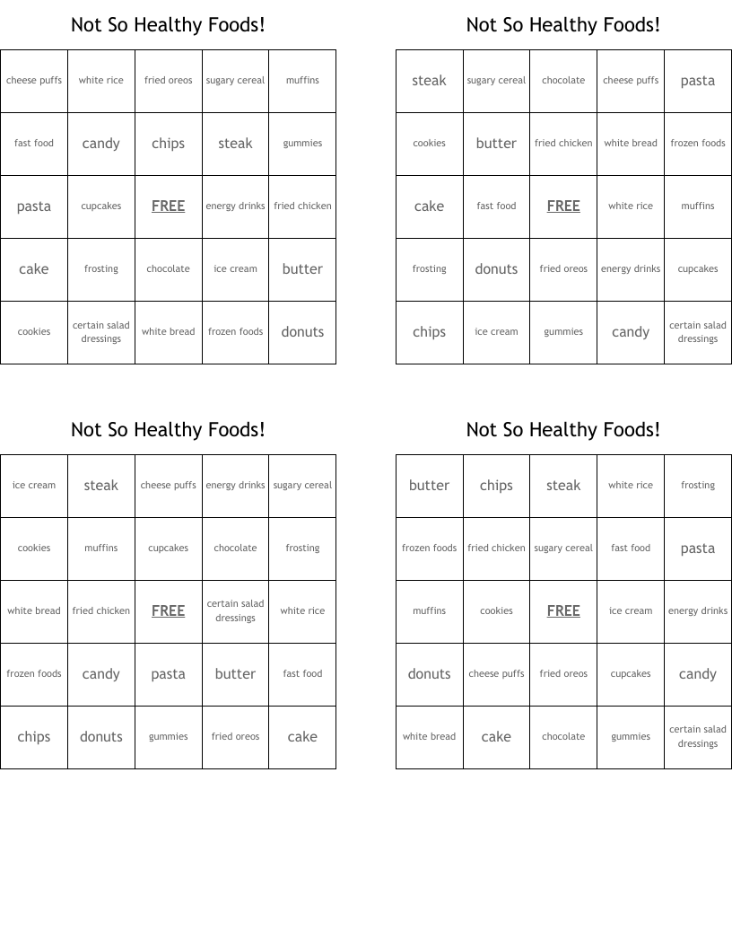 Not So Healthy Foods! Bingo Cards