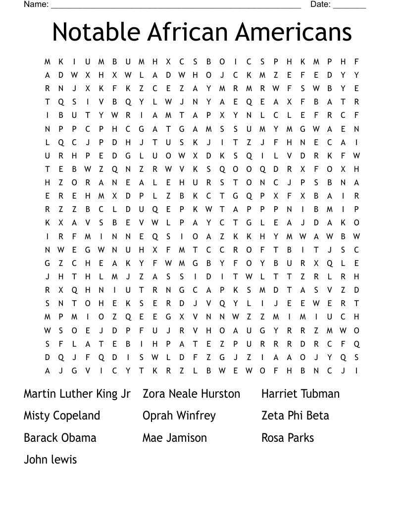 Notable African Americans  Word Search