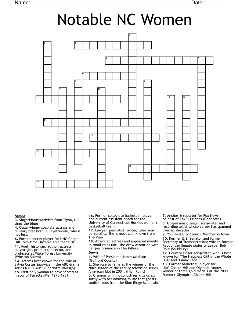 Notable NC Women Crossword