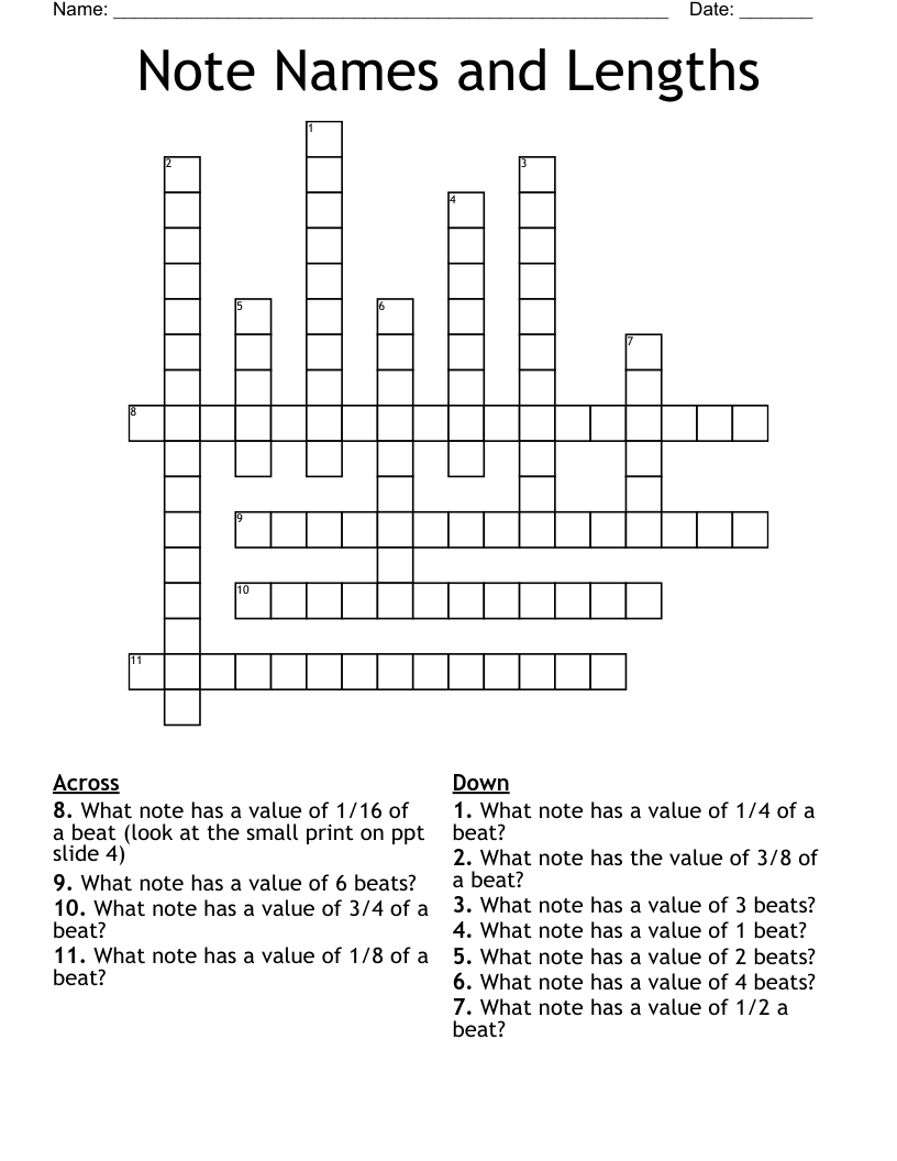 Note Names and Lengths Crossword