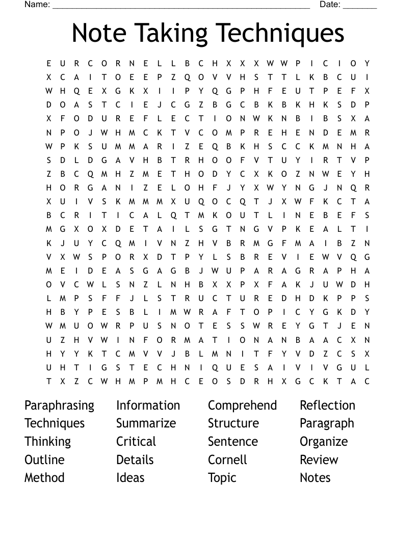 Note Taking Techniques Word Search