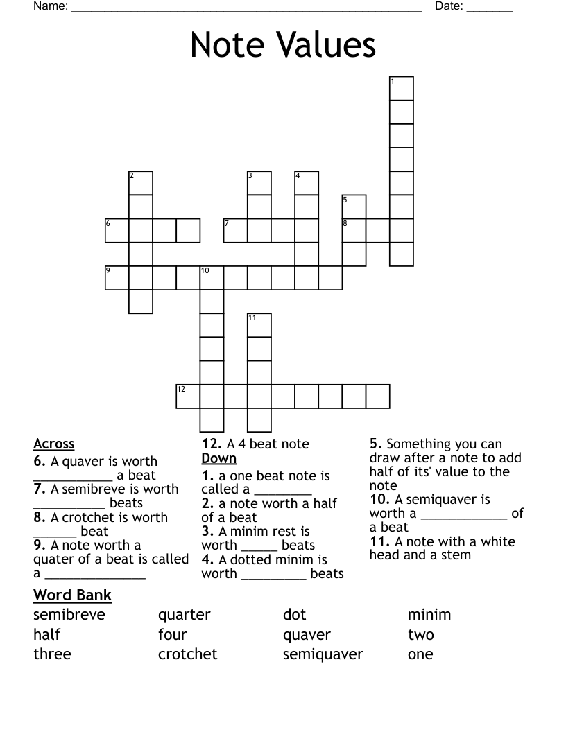 Note Values Crossword