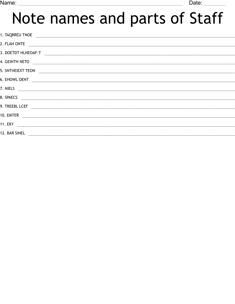 Note names and parts of Staff Word Scramble