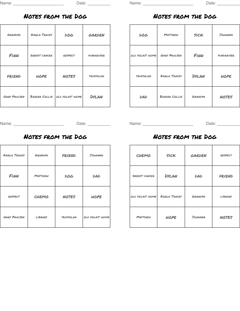 Notes from the Dog Bingo Cards