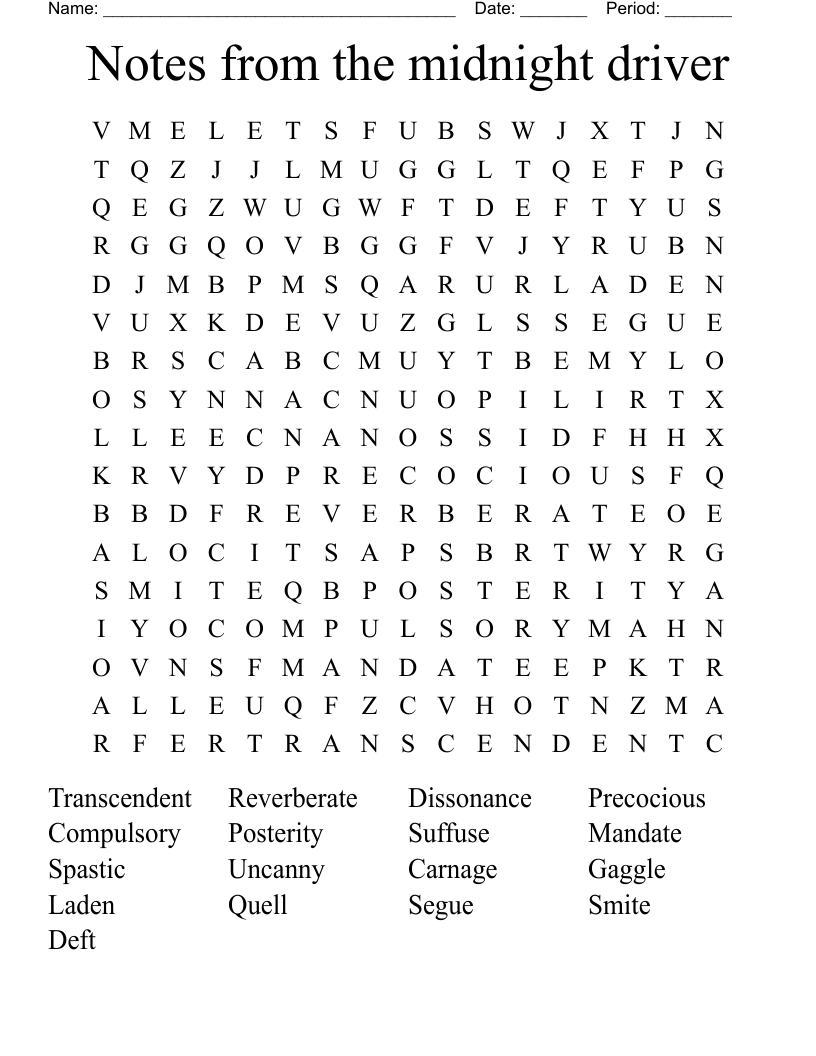 Notes from the midnight driver Word Search