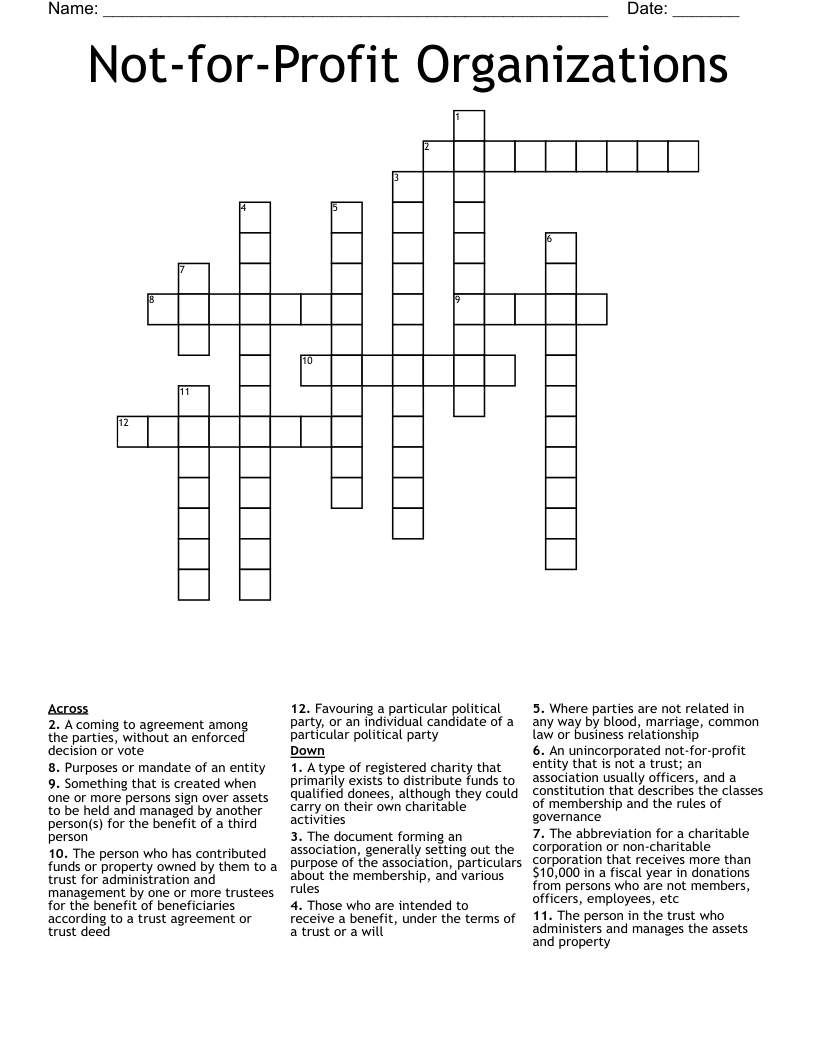 Not-for-Profit Organizations Crossword