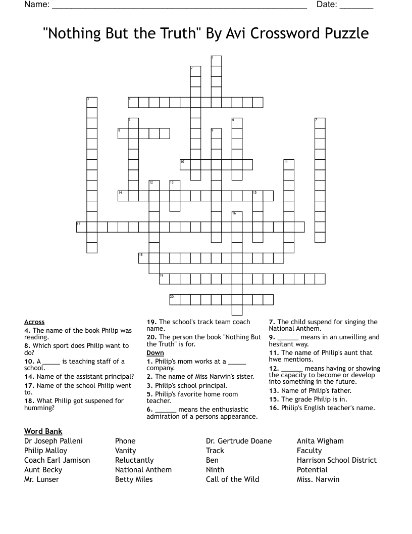 "Nothing But the Truth" By Avi Crossword Puzzle