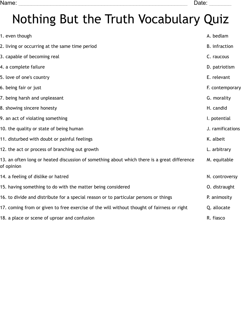 Nothing But the Truth Vocabulary Quiz Worksheet
