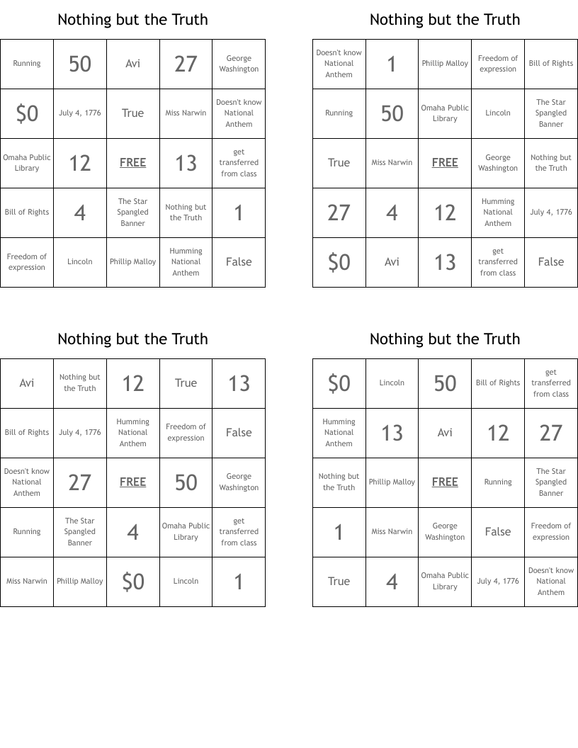 Nothing but the Truth Bingo Cards